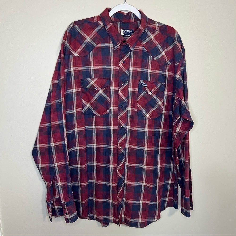 Wrangler Pearl Snap Western Shirt Maroon Navy Plaid size XXL Tall Man